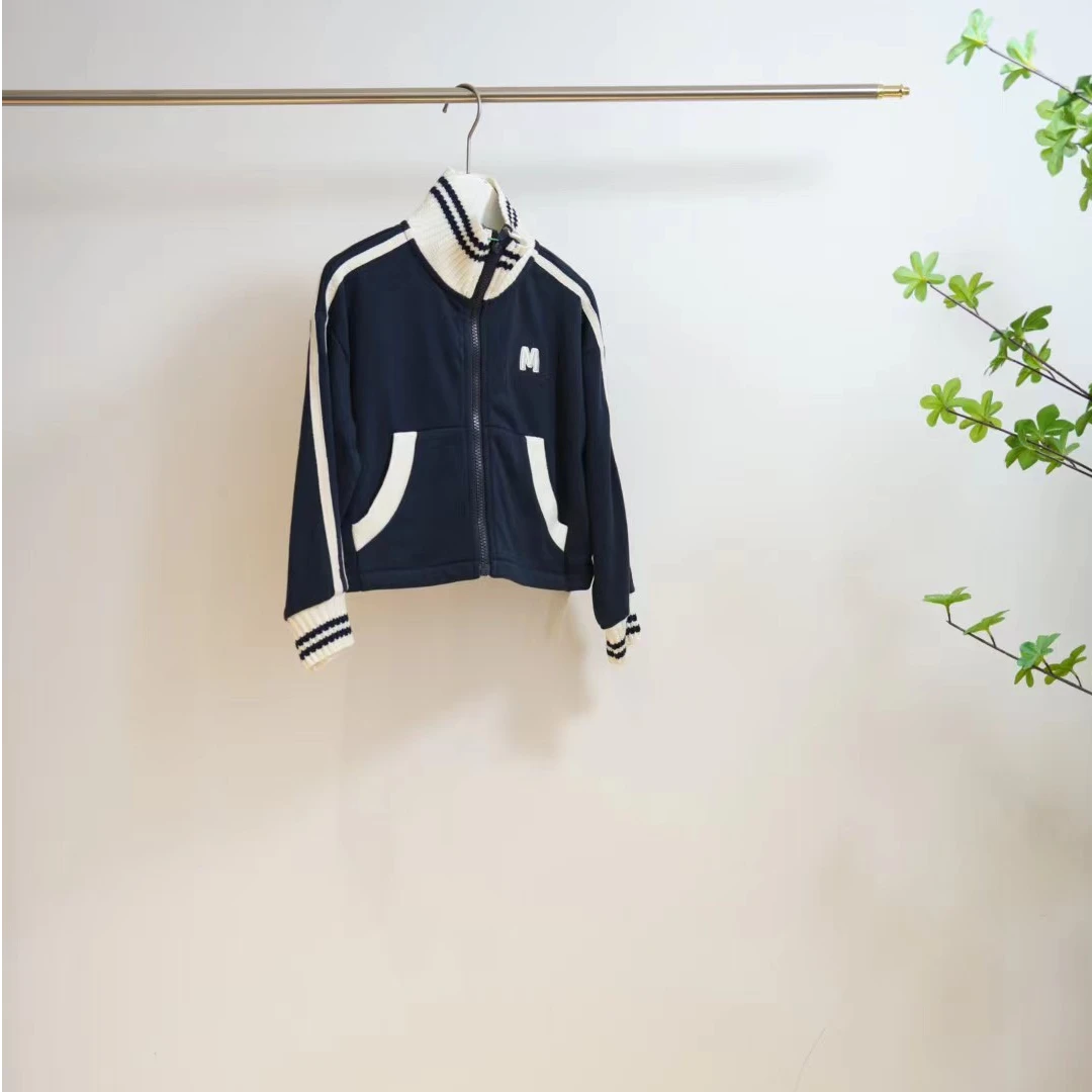 3-100-藏青色拼接针织领口女童春秋短款外套S