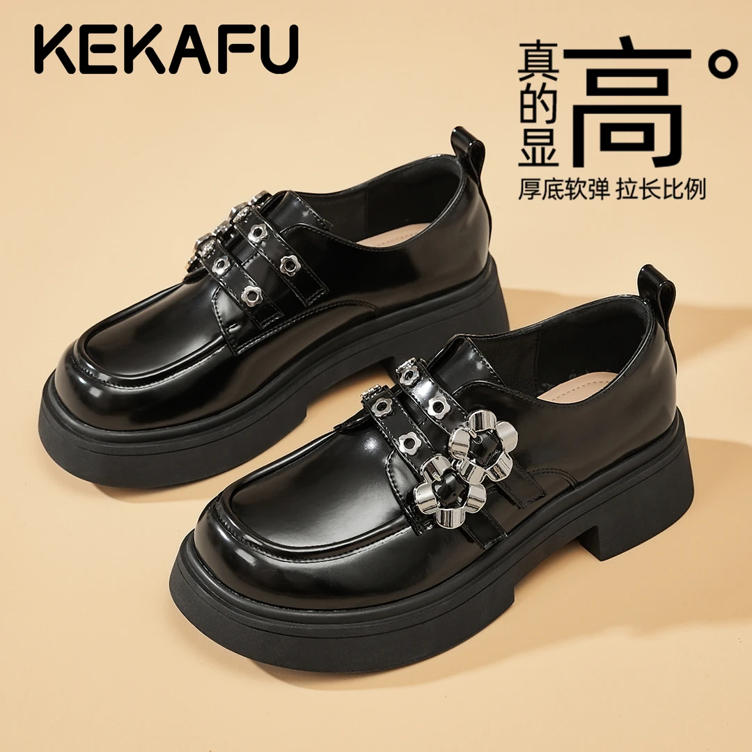 珂卡芙复古双扣单鞋增高黑色小皮鞋2025秋季新款一脚蹬厚底乐福鞋