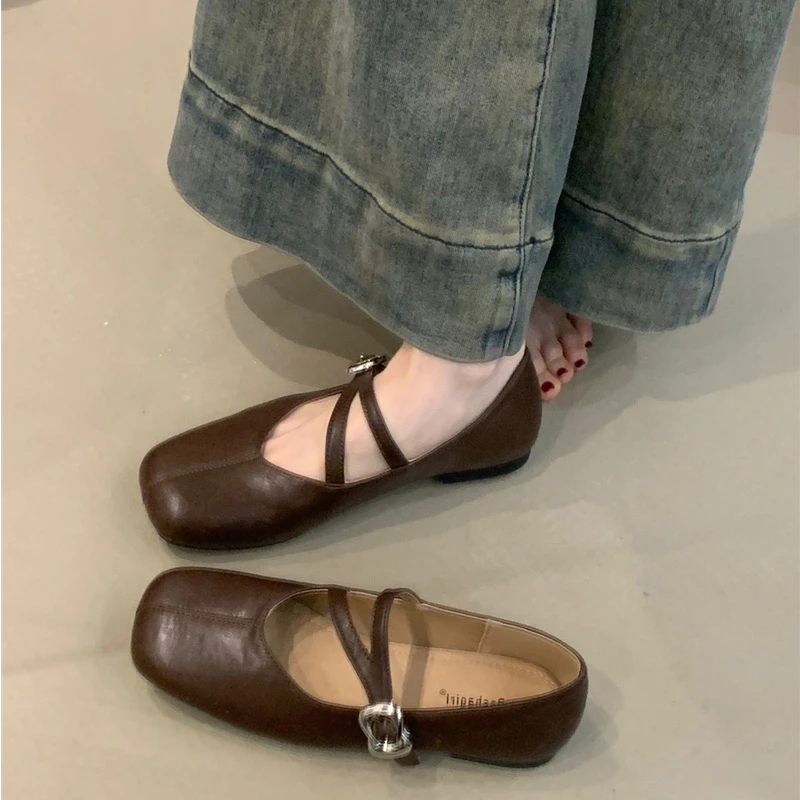 BS-1506-3复古玛丽珍鞋2025春季法式金属扣方头浅口一字软底飘鞋