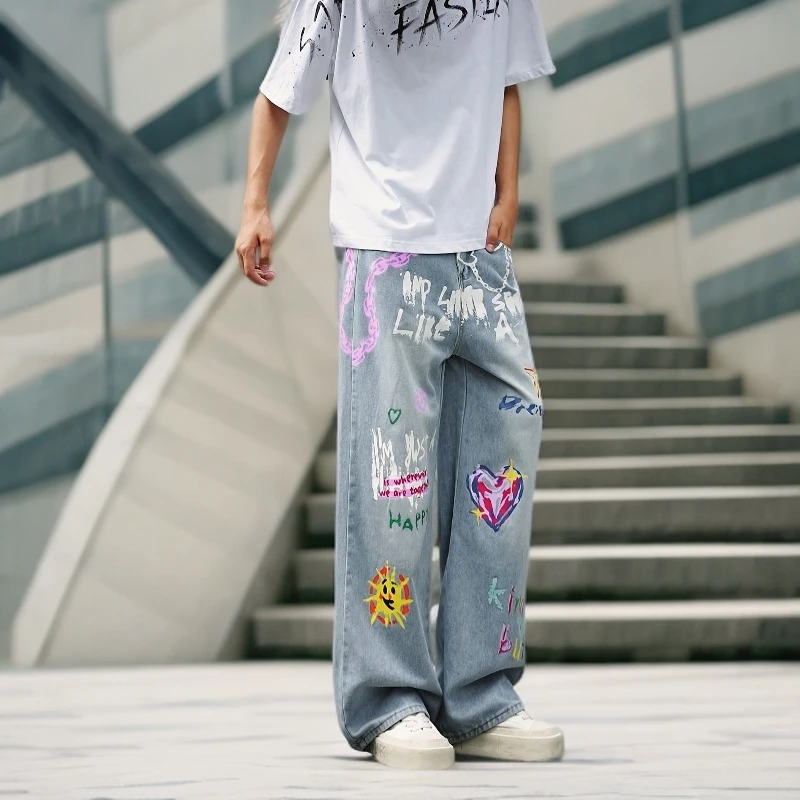 美式潮牌秋季新款趣味涂鸦印花牛仔裤男女潮牌多巴胺水洗阔腿裤