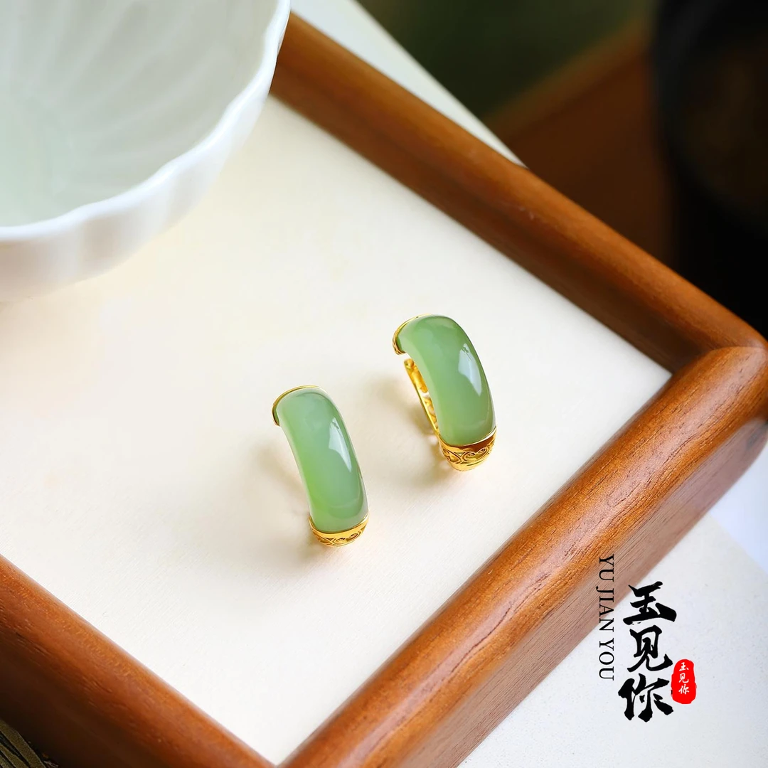 扶摇-皎 和田玉碧玉*月牙*月亮耳饰*18K金镶嵌