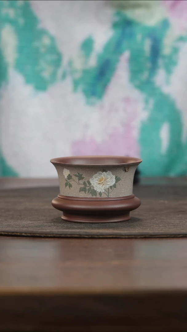 【闪购商品】紫砂茶叶罐定窑白泥绘牡丹明炉杯