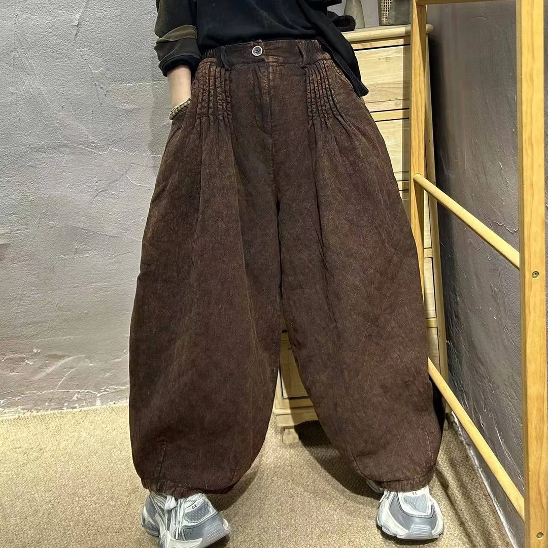 2024冬季新款捏褶菱形炒色做旧加棉加厚棉裤 裤长90 腰围68-110