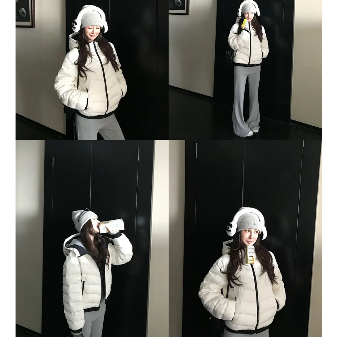 韩版撞色拼接白色短款棉服外套女秋冬季修身显瘦加厚保暖面包服潮