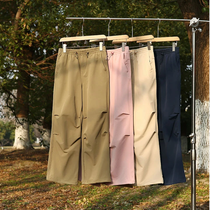 日单新品女装休闲阔腿长裤束脚裤宽松简约直筒速干降落伞兵裤