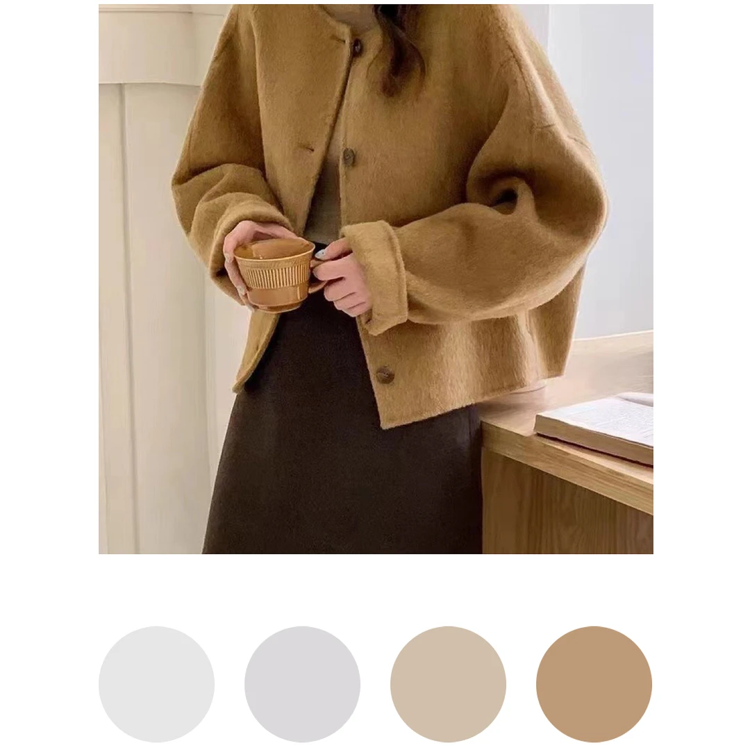 【鱼丸饱饱】2024秋冬新款双面羊毛圆领小个子羊毛外套短款