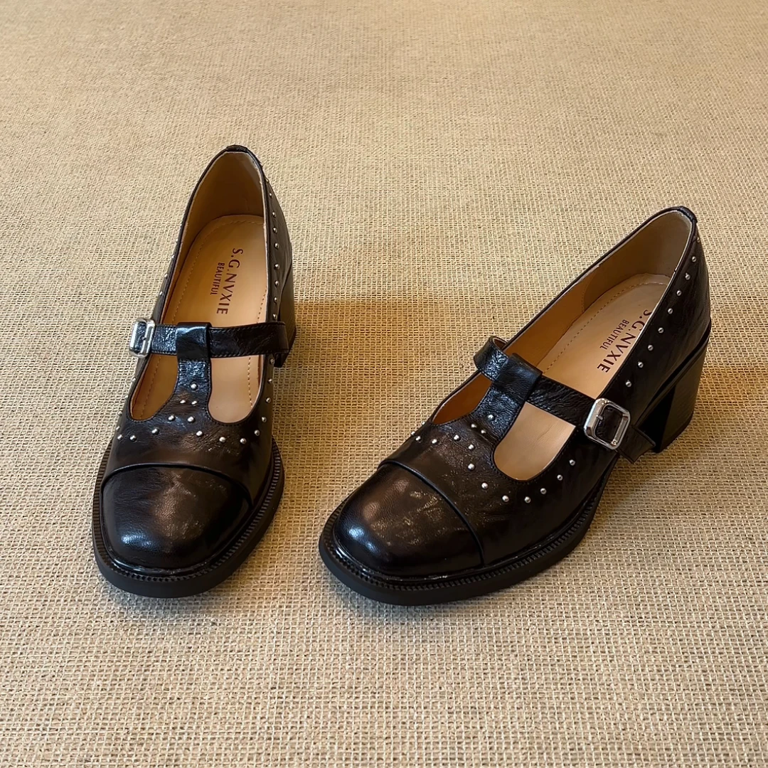 RubyL/6cm小个子复古圆头铆钉浅口丁字扣带粗跟玛丽珍单鞋女款