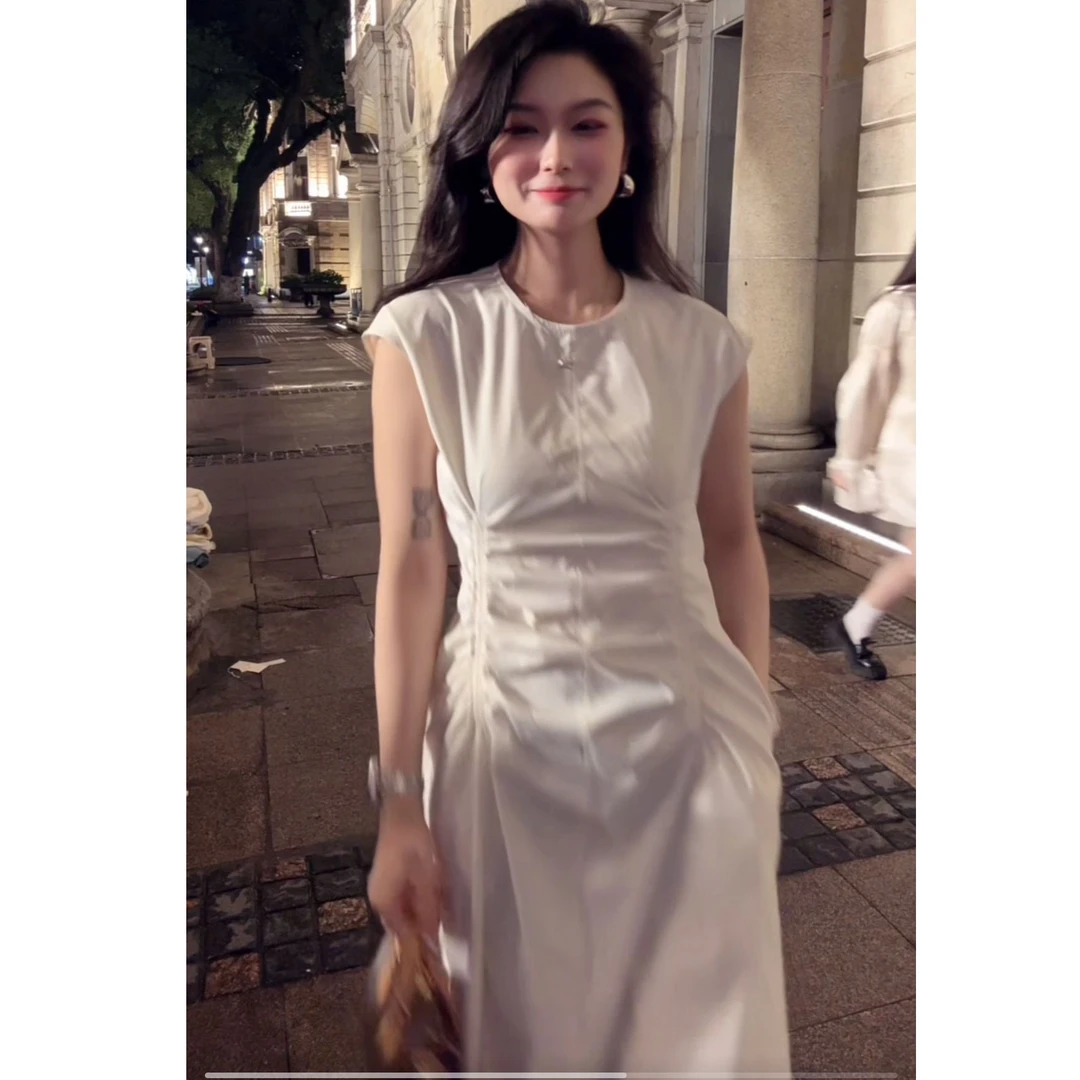 时尚抽褶连衣裙夏季新款简约气质收腰带显瘦裙子8038