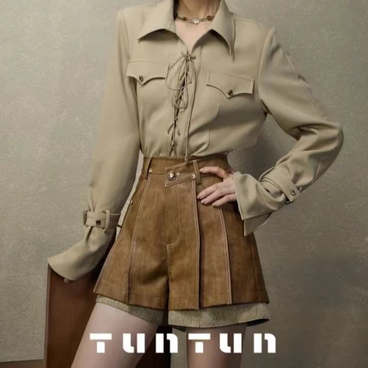 小众设计【与秋书】飒美出街 精致抽绳系带喇叭袖衬衫