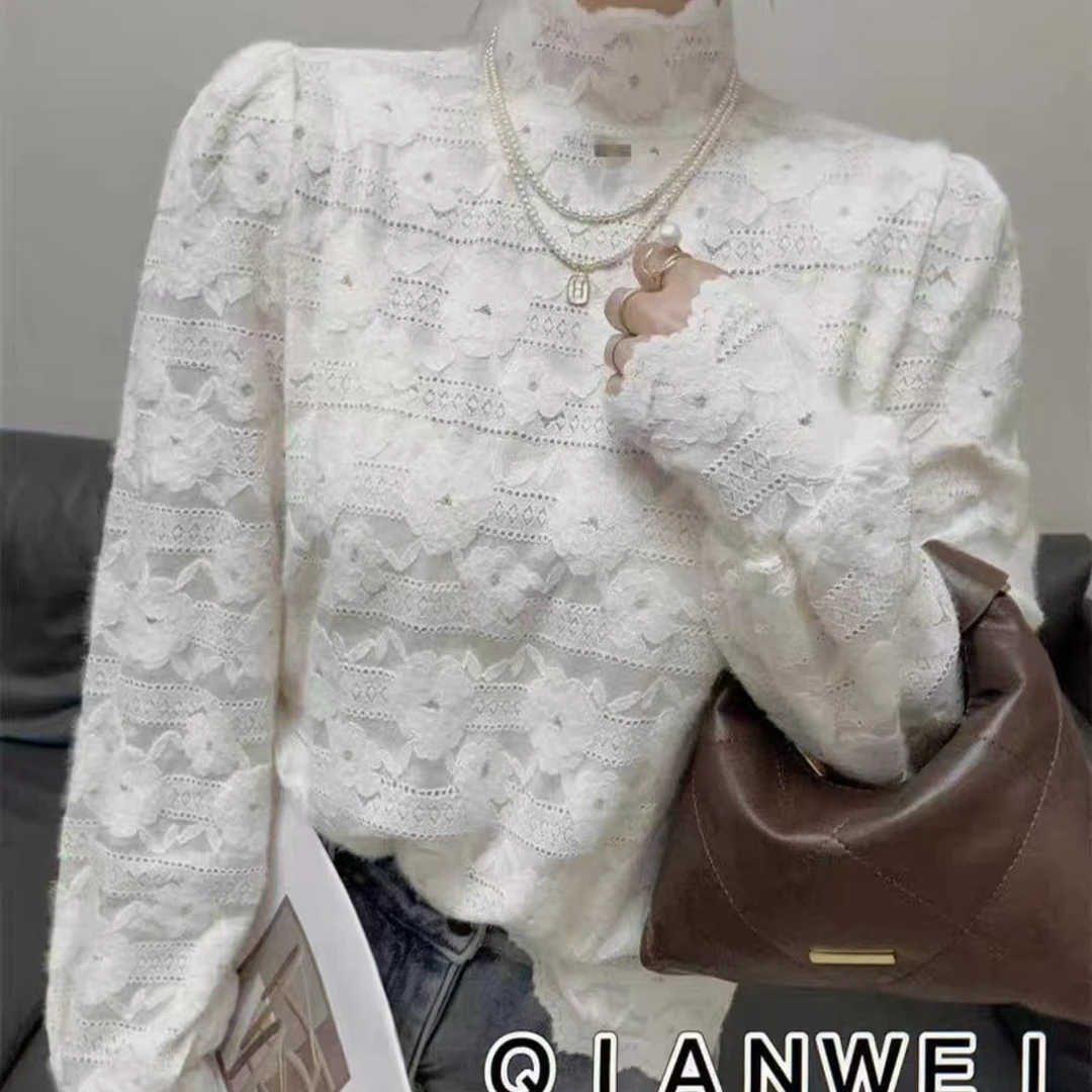 玲姐8229高领蕾丝大衫盖屁股有弹力