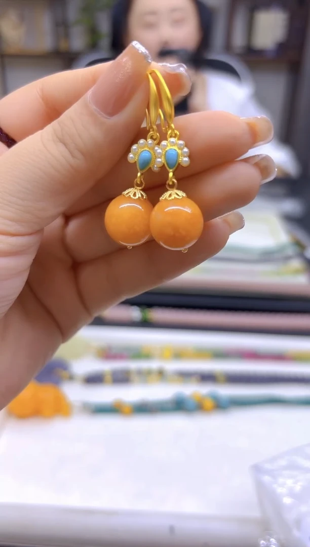 和田玉（糖玉）14K金镶嵌耳饰DIY款E476