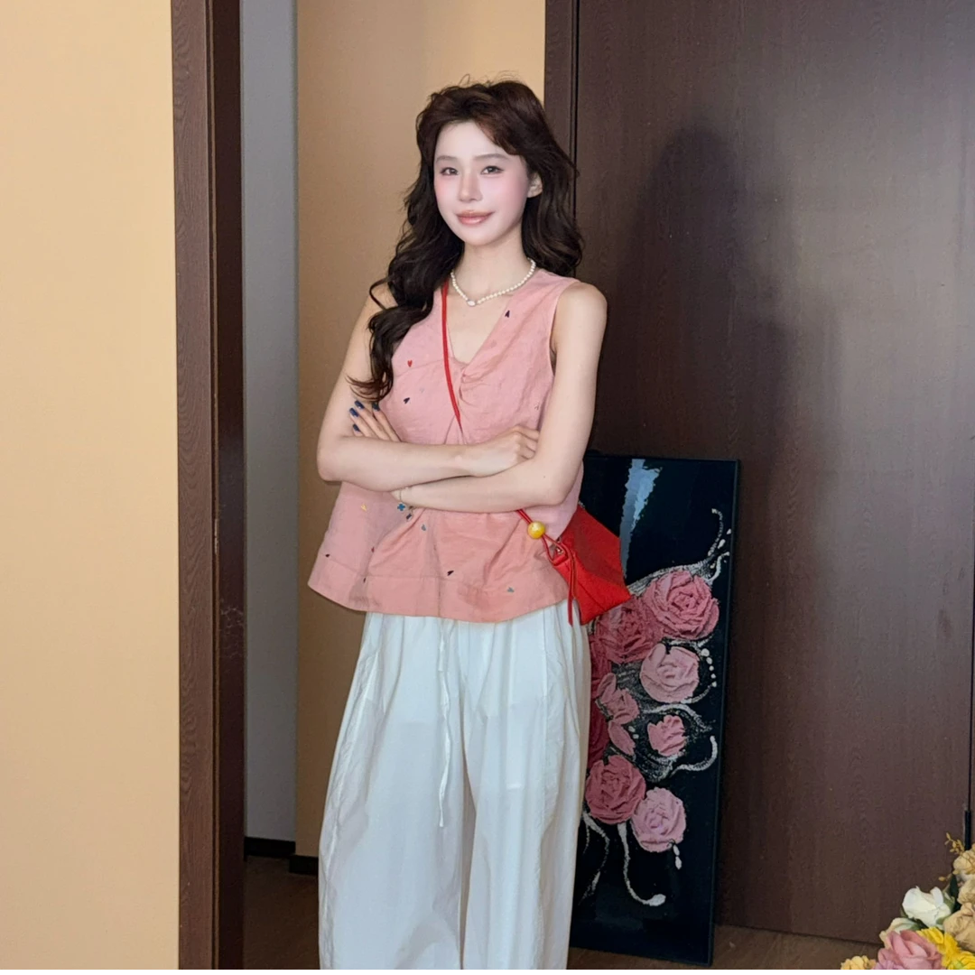 美静在这【不规则爱心】扭结背心上衣女夏波点无袖T恤XMZH6825