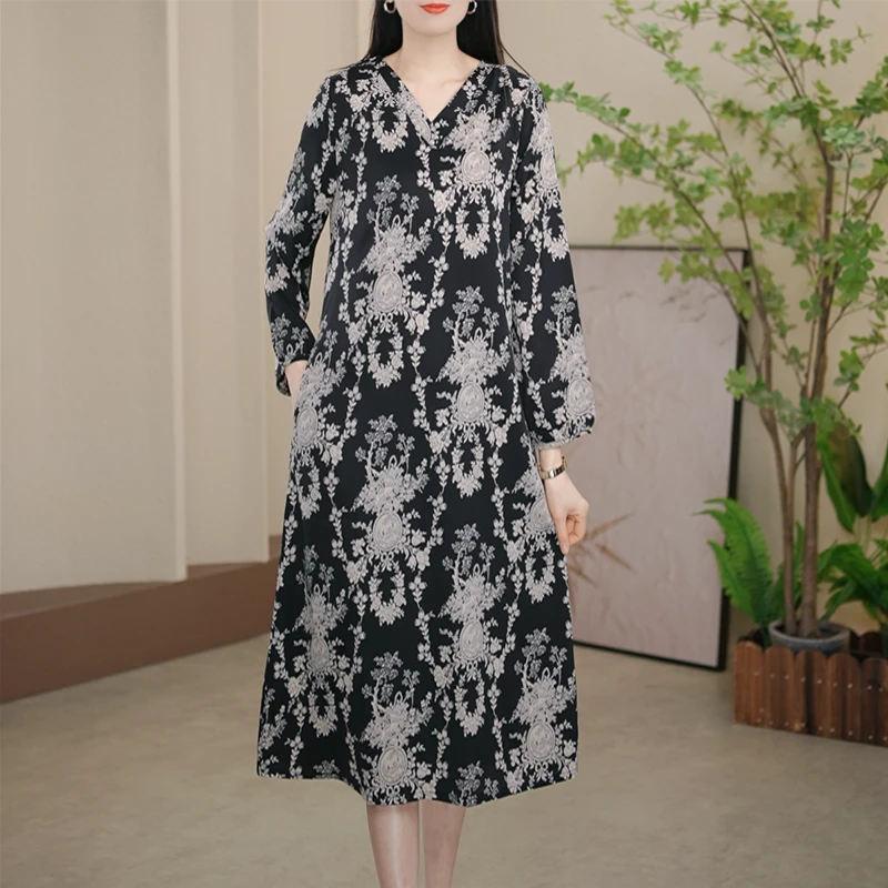 高档时尚连衣裙2024夏季新款系带遮肚子气质韩版印花长裙女长袖