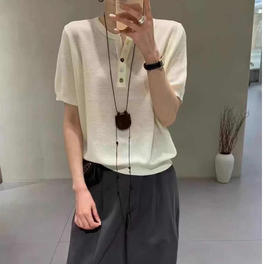 25年夏季新款时尚百搭和纸纱短袖针织上衣休闲打底衫