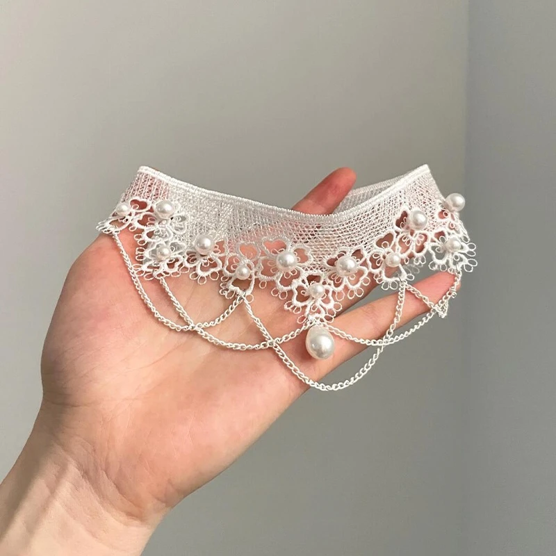 非金属布艺项链 法式蕾丝珠珠项链轻奢小众高级感时尚锁骨链颈链