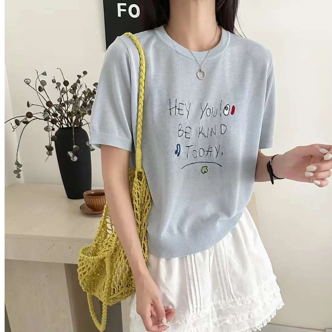 原版镂空短袖针织衫女莱麻冰丝T恤上衣女6750