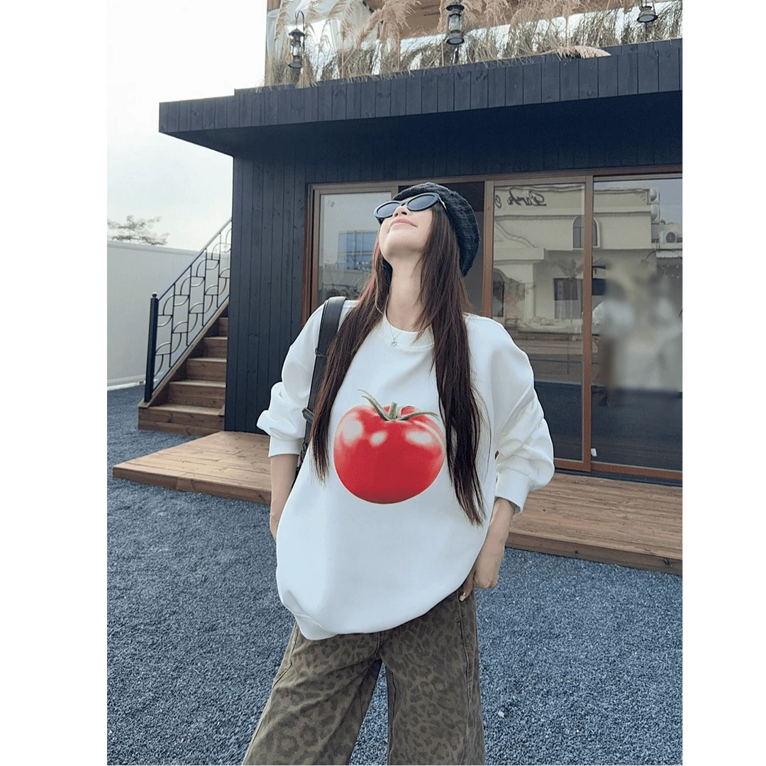 韩风女士印花卫衣小众宽松休闲百搭印花秋季水果复古女圆领卫衣