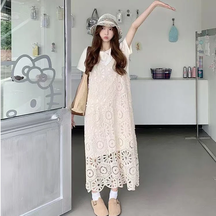 大码女装法式小众设计感吊带连衣裙夏季胖妹妹镂空长裙子宽松显瘦