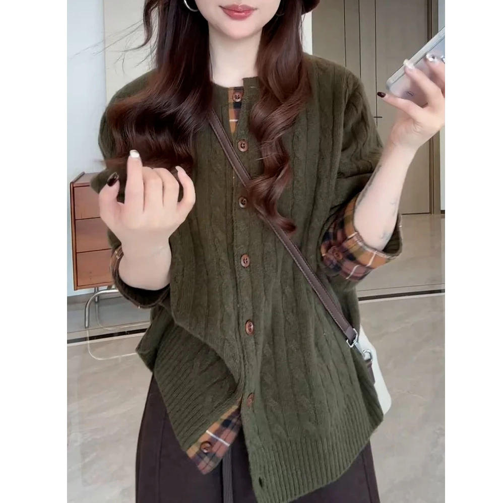 复古慵懒感宽松针织开衫秋冬小众百搭设计拼接格子麻花毛衣