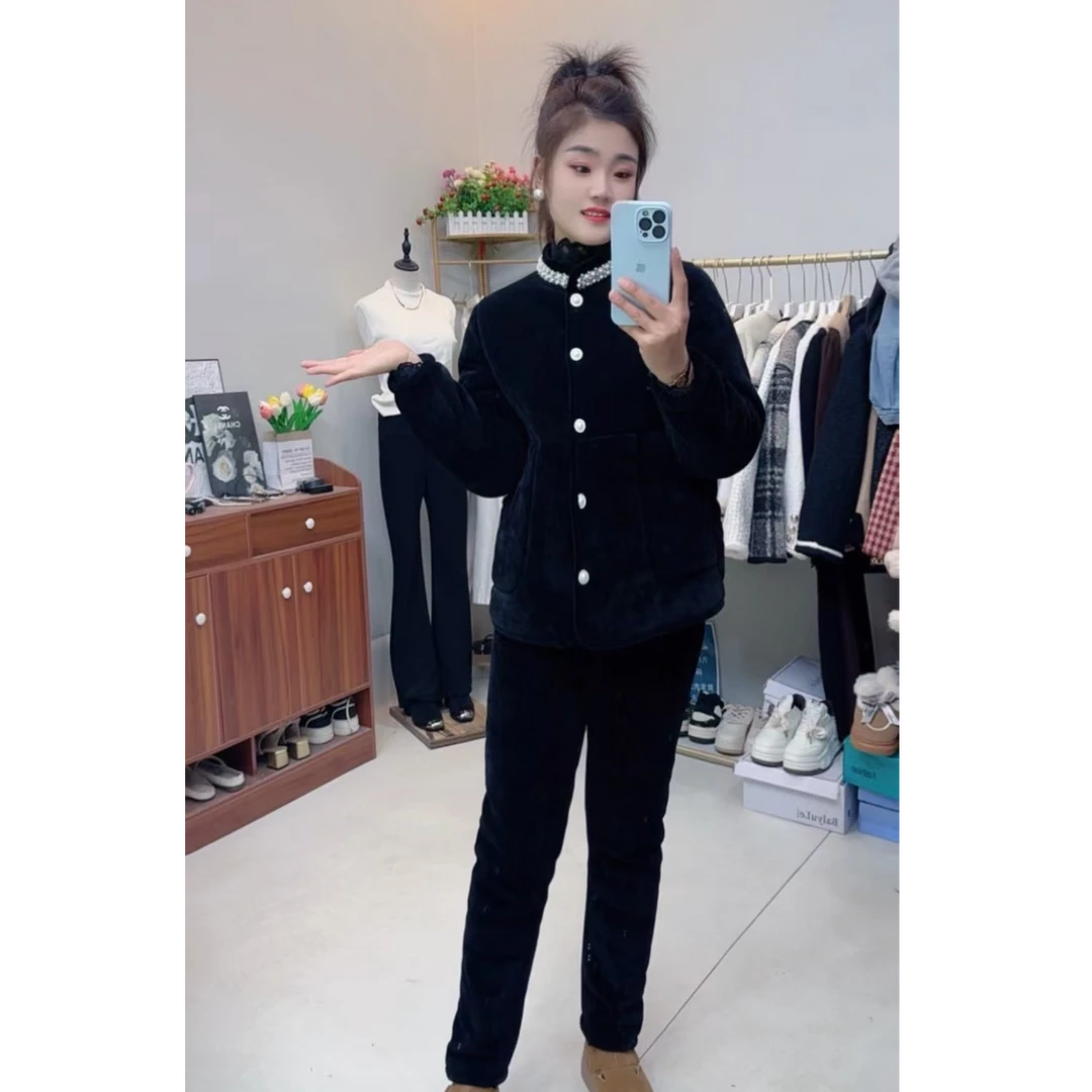 019款珍珠领套装冬季睡衣女三层夹棉加厚加绒休闲宽松外穿家居服