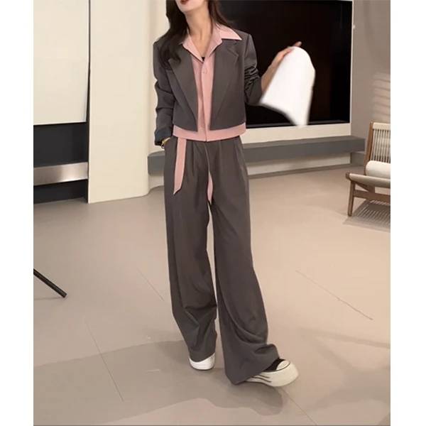 设计感休闲时尚西装套装女2025新款撞色拼接假两件上衣显瘦阔腿裤