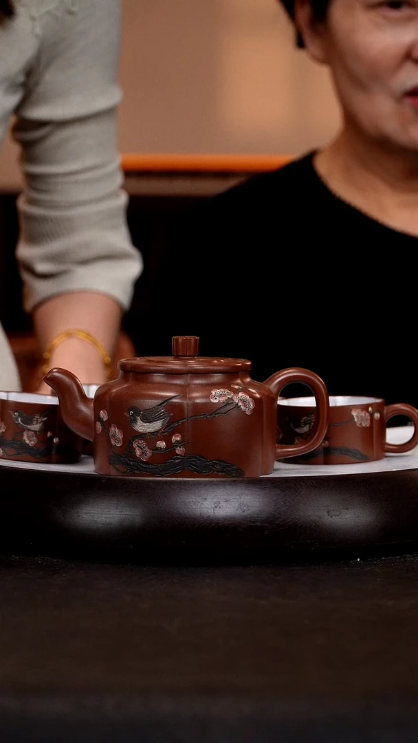 茶壶紫砂YBY107梅花周盘套组  紫泥 380cc