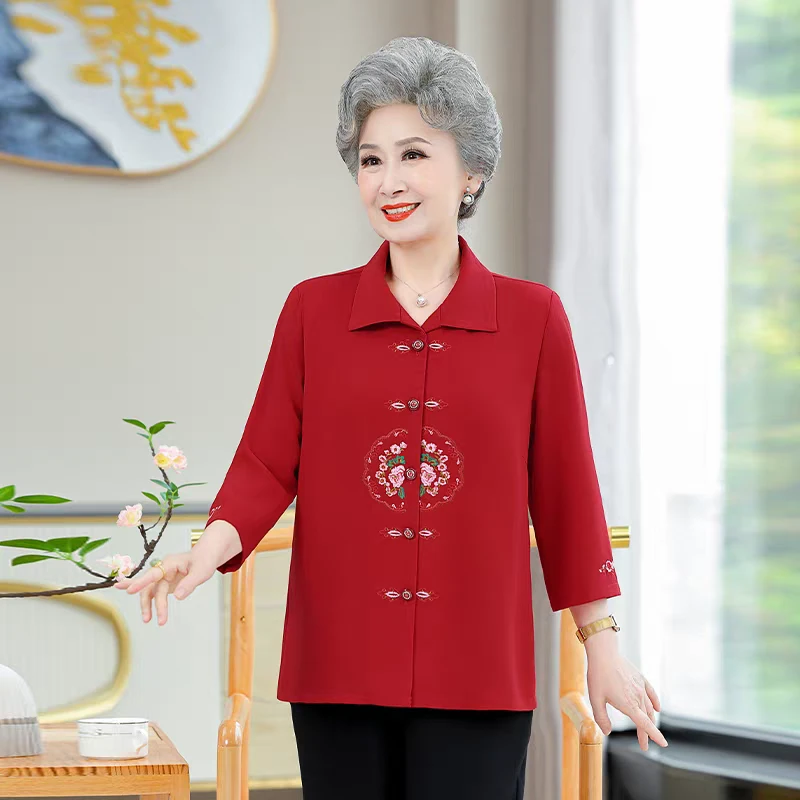 中老年妈妈七分袖绣花开衫奶奶洋气上衣