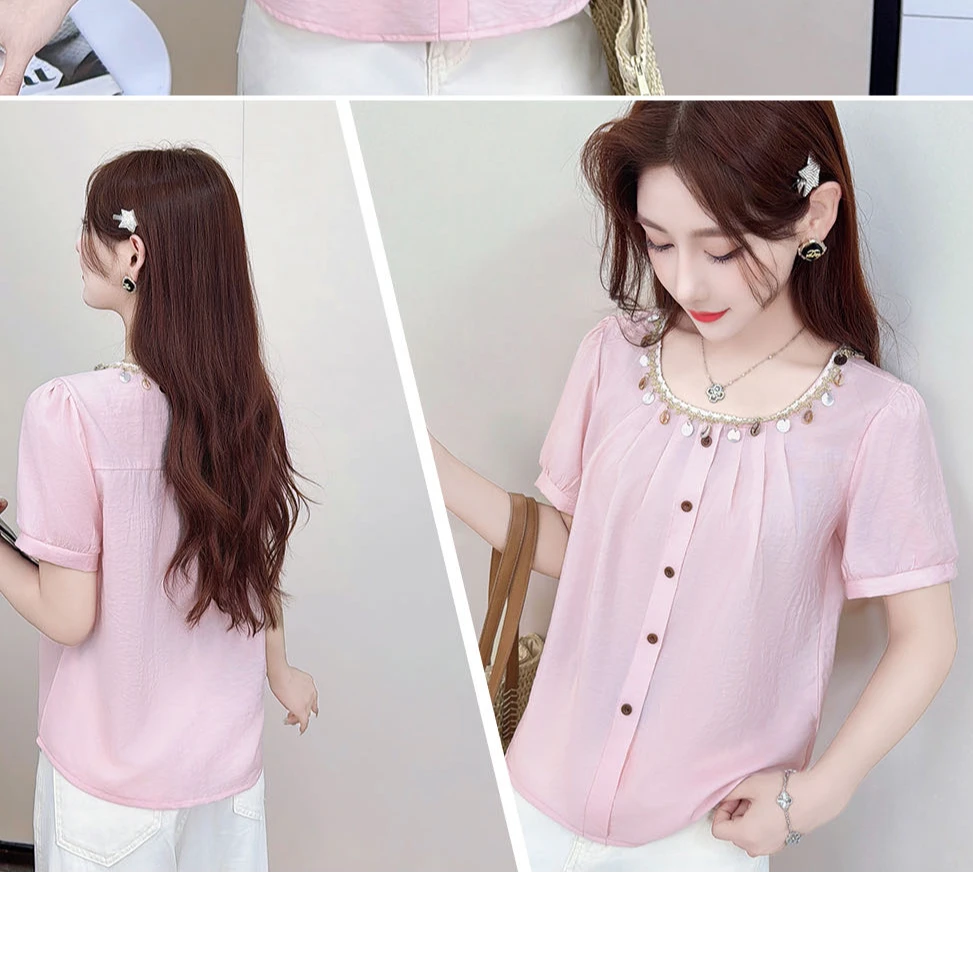 设计感圆领短袖衬衫女夏季新款百搭上衣2020# 衣长57