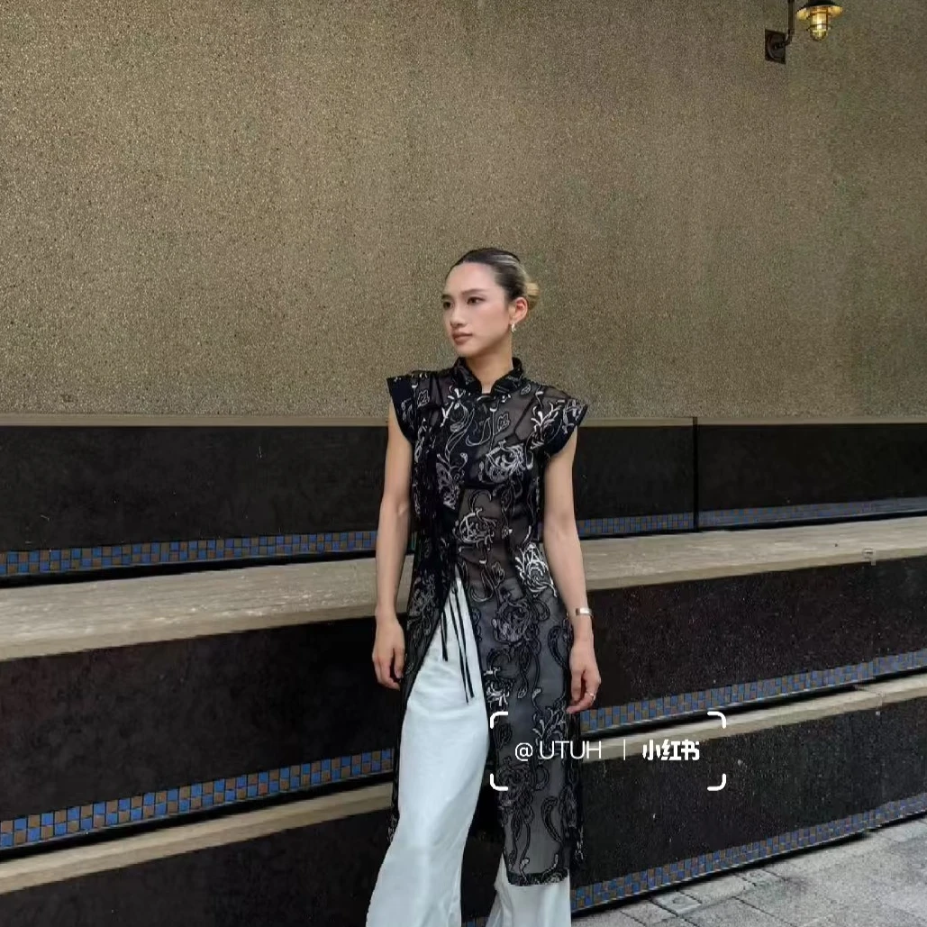 U.T中式国风黑色蕾丝透色长款连衣裙外穿显瘦N161