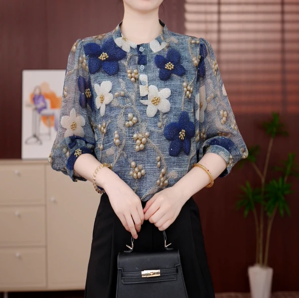 2025新款珠光宝气高品质七分袖衬衫女气质休闲百搭减龄薄夏打底