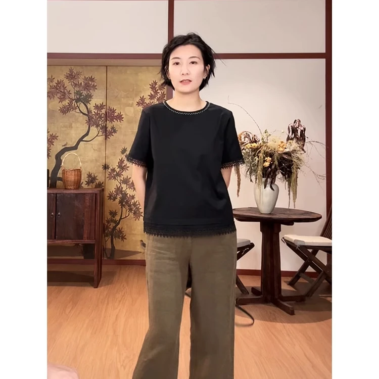 浪清/女装推荐 奥蒲莉纯棉镂空花边设计感上衣44647#