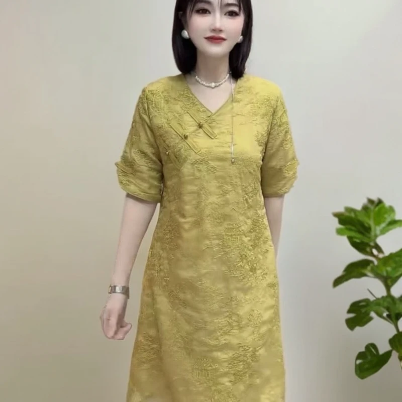 2025中式连衣裙国风提花夏季女装新款气质显瘦短袖爆款
