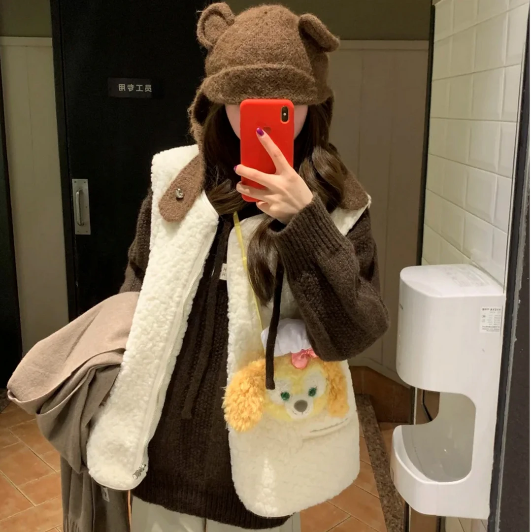 可爱羊羔毛马甲女秋冬韩系慵懒风皮毛一体背心外搭毛毛马夹外套潮