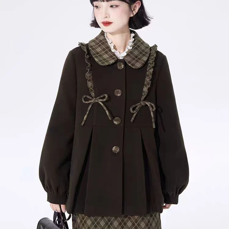 棱格拼接娃娃领毛呢大衣女秋季夹棉短款复古系带外套