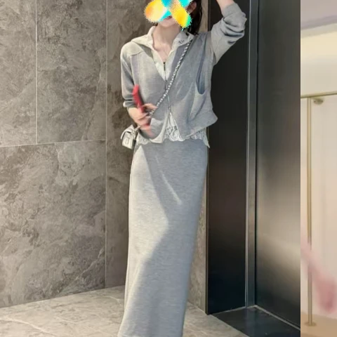 时尚修身春季新款时尚洋气蕾丝连帽外套+高腰穿搭半身裙两件套