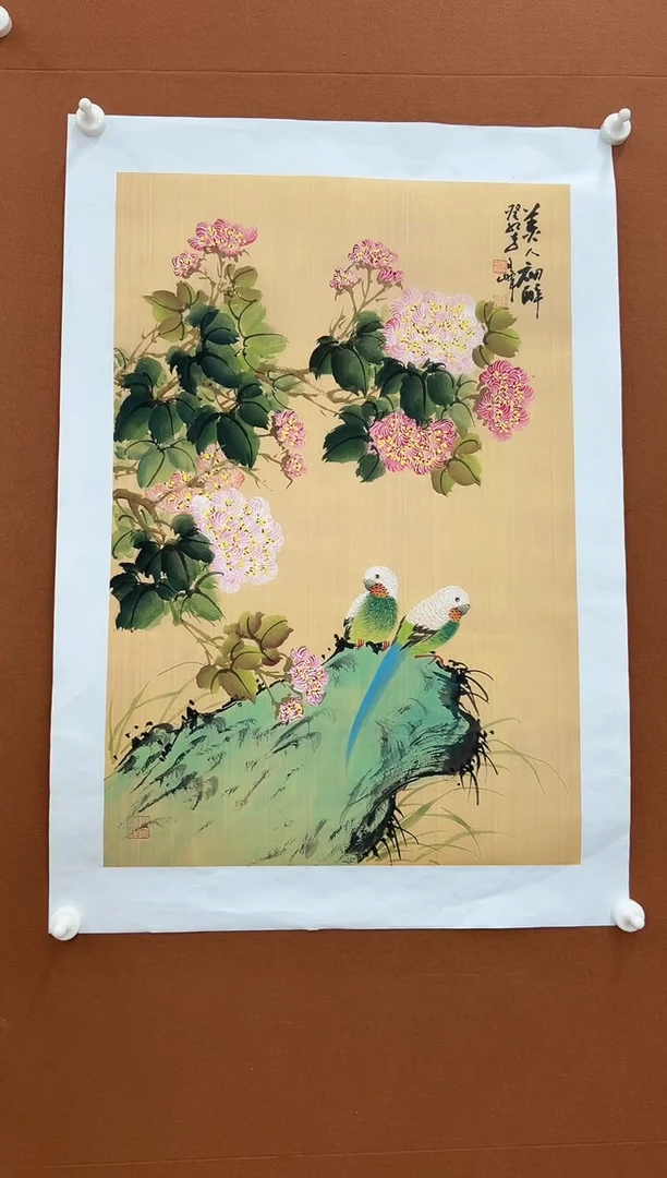 国画李文峰四尺三开没骨花鸟