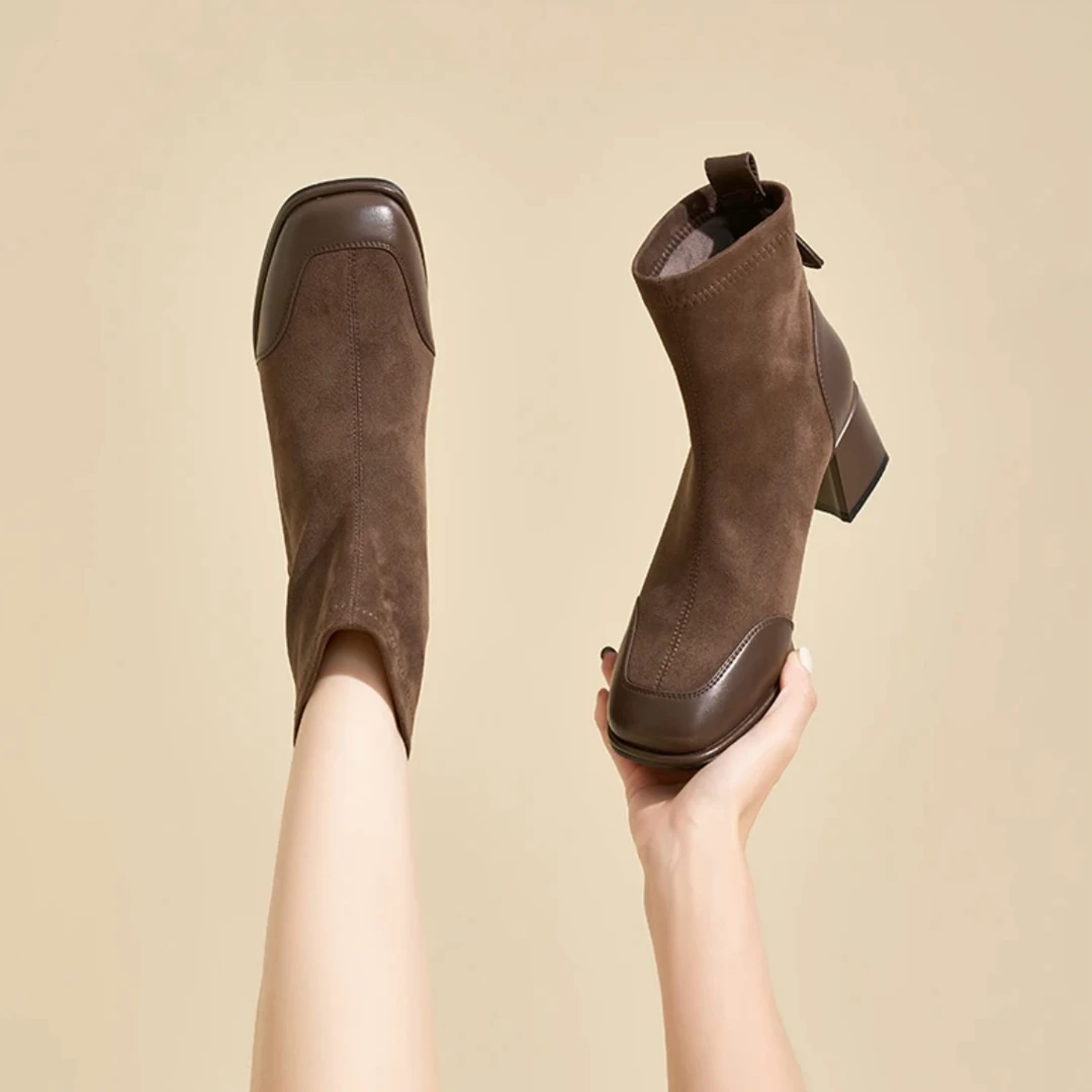 【朵苮品牌】弹力瘦瘦靴女2024新款秋冬小个子绒面高跟靴6531