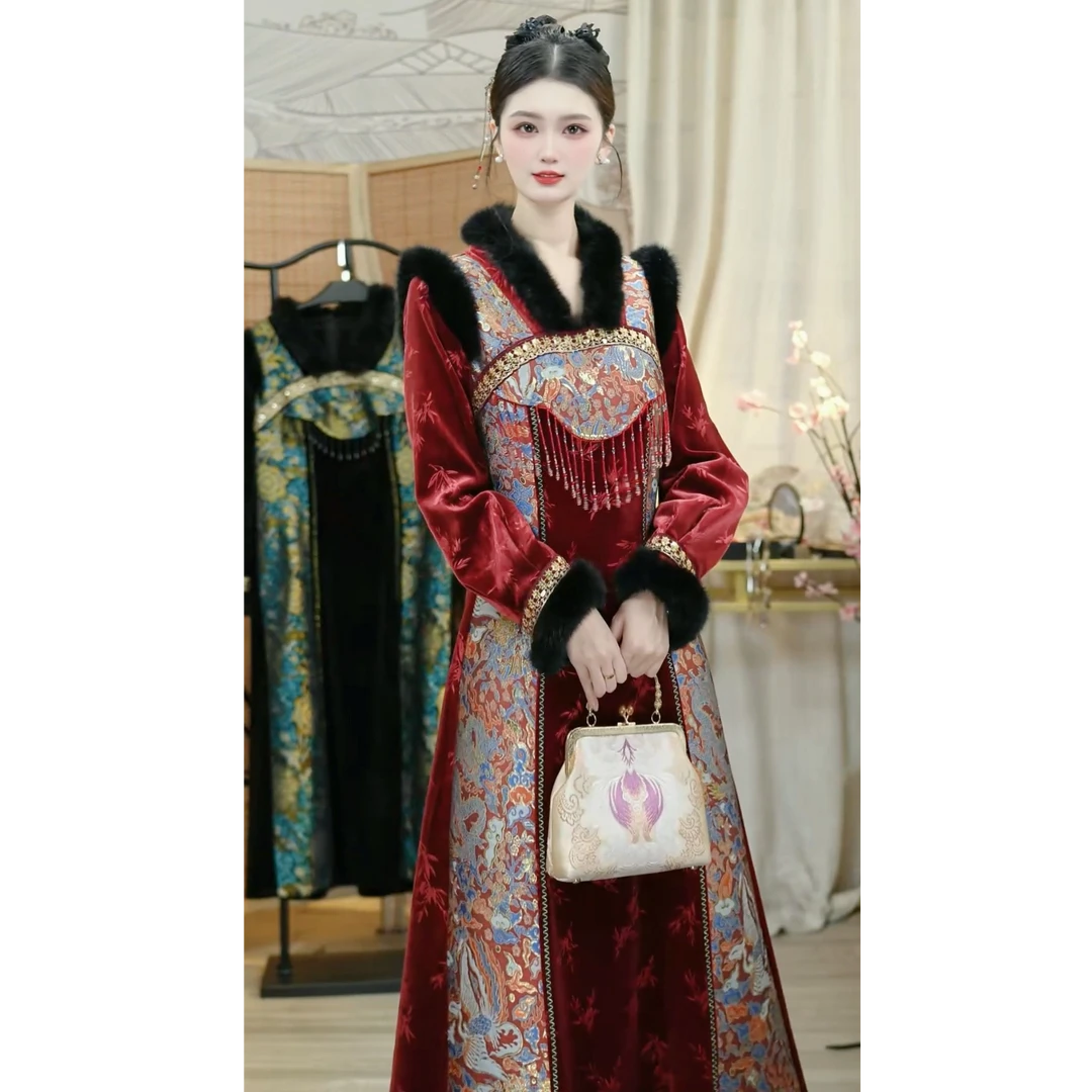 羽唐名2025冬季新款红色民族风加绒复古新中式女套装（5833+5972）