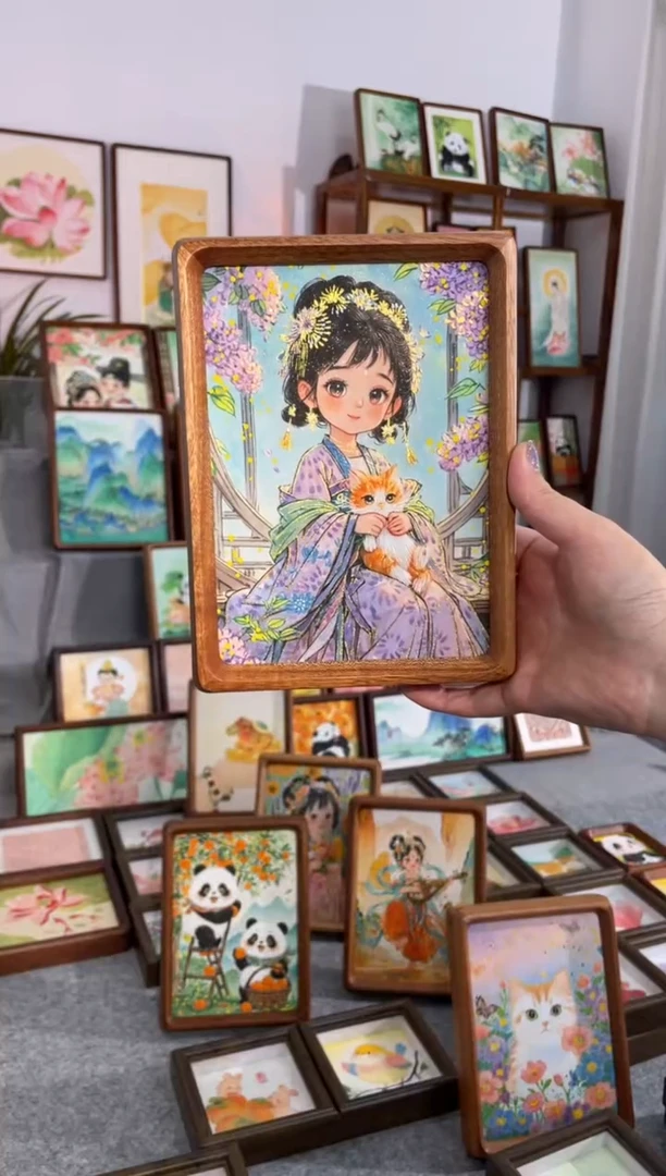 国画【紫藤猫咪女孩】7寸手绘摆台