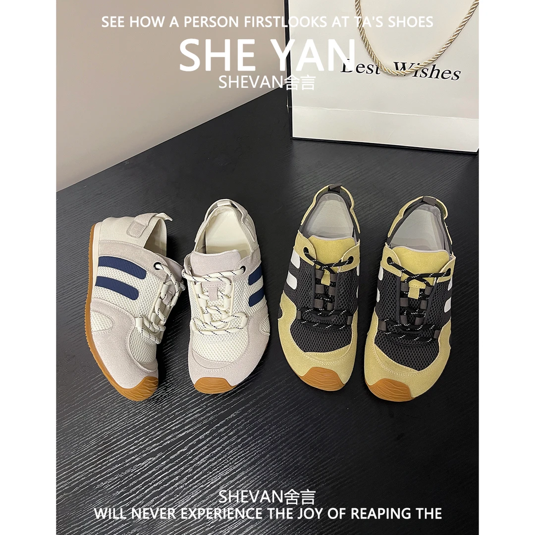 羊皮版~丑萌复古德训鞋女2025新款网面透气平底休闲运动阿甘鞋