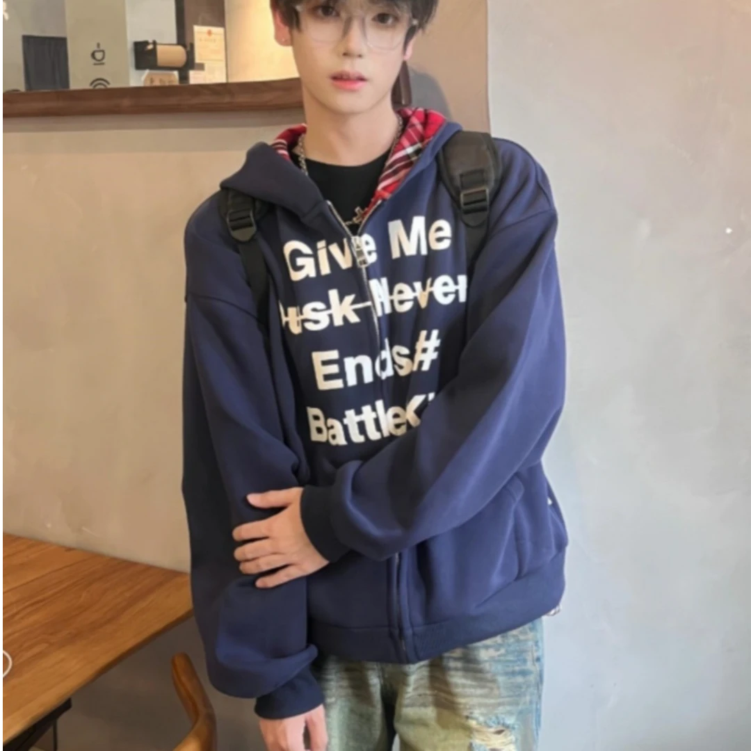 美式假两件格子拼接连帽卫衣男亚文化街头穿搭宽松拉链运动外套男