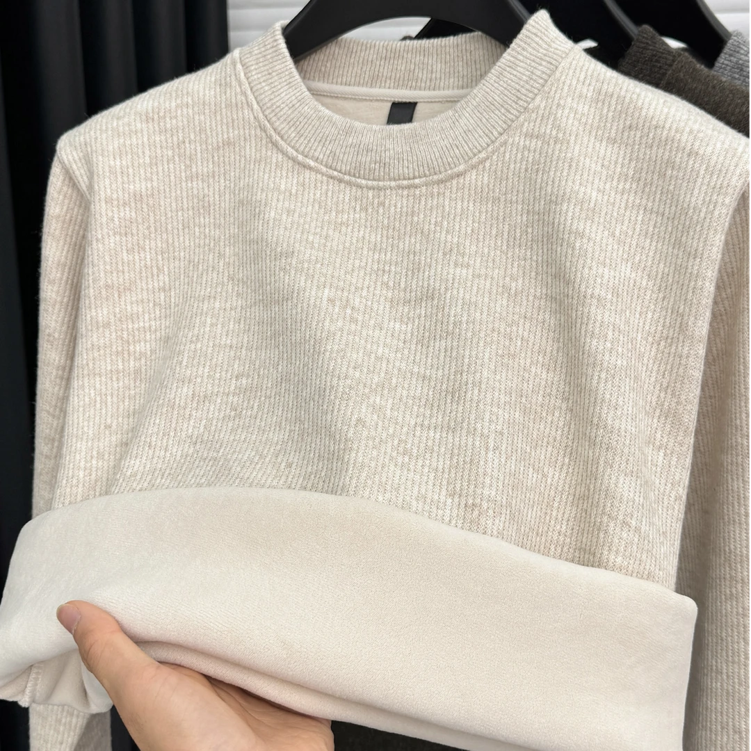 John Bunni高级感纯色长袖毛衣男士冬季加绒加厚保暖圆领卫衣内搭