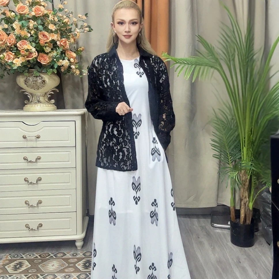 2025款印花黑白色两件套连衣裙礼服