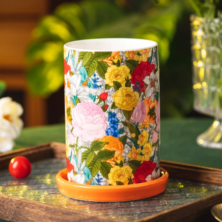 【奇居】高温陶瓷花韵金缘 家用厨房大容量收纳桶摆件