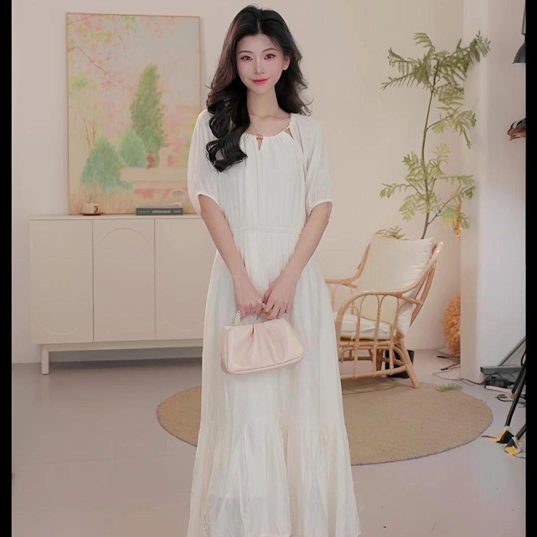 初语米白色连衣裙女2025插肩袖拼接显瘦气质法式中长裙肌理月光裙