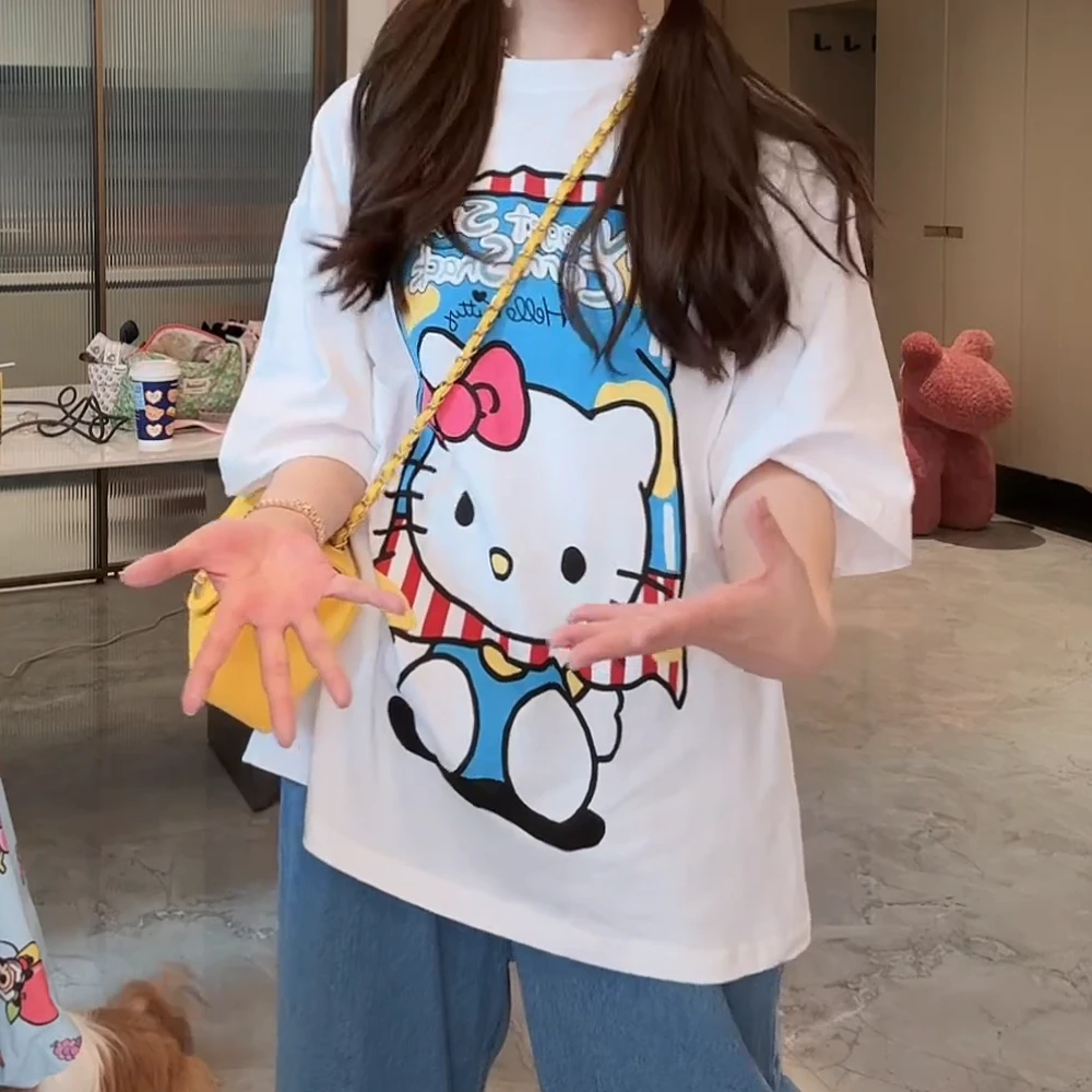 夏季上新韩版时尚休闲百搭圆领减龄大版宽松白色卡通印花T恤