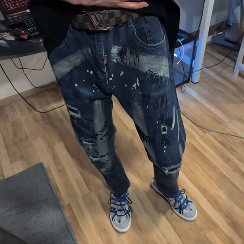 【栖木T103】个性涂鸦印花设计修身弹力小脚牛仔裤男ins痞帅9分裤