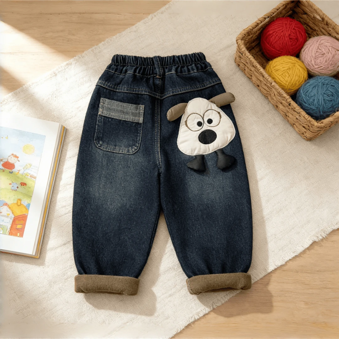 冬季宝宝卡通一体绒长裤子儿童加绒牛仔裤男童韩版冬装小童洋气