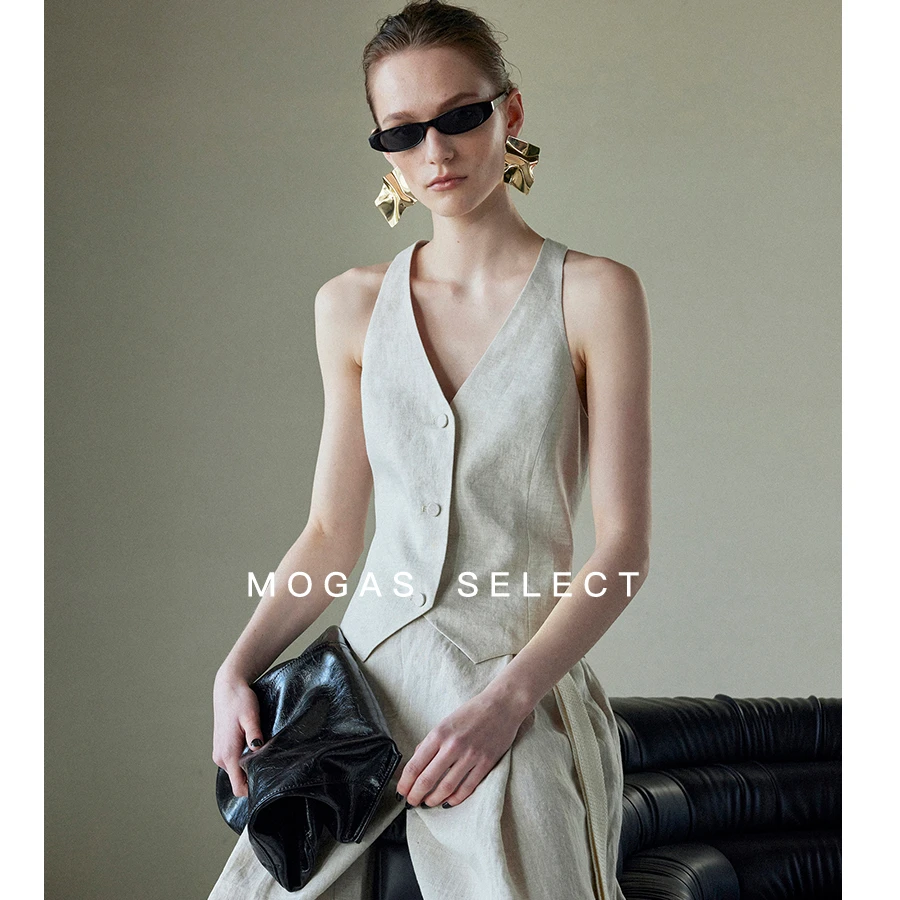 Mogas【达人专属】原创重工亚麻时髦显瘦v领背心老钱风马甲夏