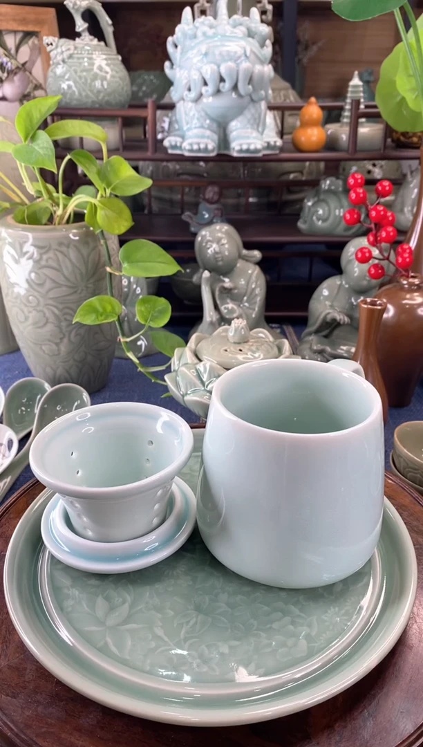 耀州窑 微瑕 天青牡丹素面茶漏杯【b000119】1只